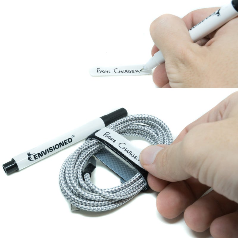 ENVISIONED Replacement Cable Tags 1/2" x 2" White Labels Writable 50 Pack for Use on All Types of Hook and Loop Cable Ties and Most Types of Velour Fabric Material - Includes Bonus Permanent Marker - Image 1
